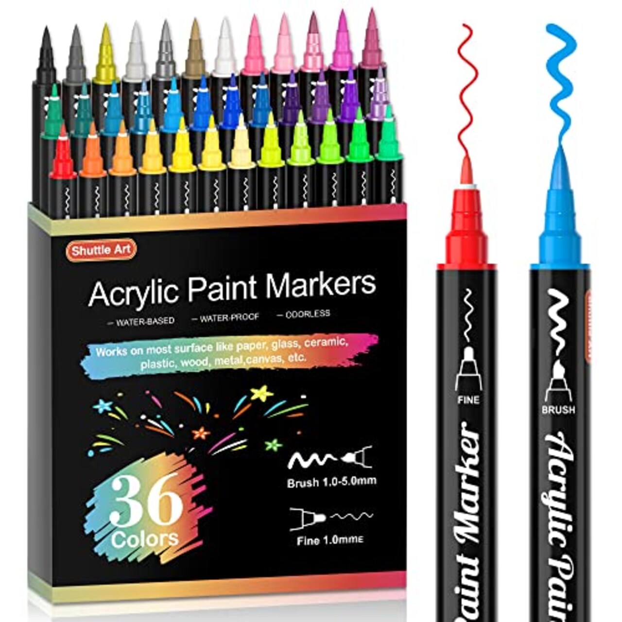 Shuttle Art 36 Colors Dual Tip Acrylic Paint Markers, Brush Tip and Fine  Tip Acrylic Paint Pens for Rock Painting, Ceramic, Wood, Canvas, Plastic,  Glass, Stone, Calligraphy, Card Making, DIY Crafts